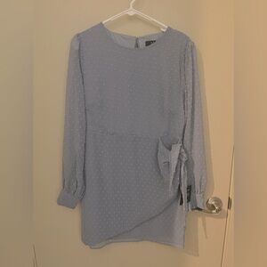 Blue Swiss Dot Long Sleeve Tie-Front Mini Dress